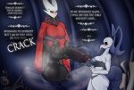  anthro arthropod balls big_balls big_breasts big_penis black_body blush bodily_fluids bottomless breasts broken_table clothed clothing crossgender detailed_background dialogue english_text female furniture genital_fluids genitals gynomorph half-erect heavy_balls hi_res hollow_knight hornet_(hollow_knight) huge_balls huge_penis humanoid humanoid_genitalia humanoid_penis hyper hyper_balls hyper_genitalia hyper_penis intersex iselda_(hollow_knight) mostly_nude onomatopoeia partially_clothed penile_spines penis penis_awe piekiller poking_out precum pupils size_difference sound_effects speech_bubble spiked_penis spikes spikes_(anatomy) steam steamy_penis table team_cherry text video_games white_pupils 