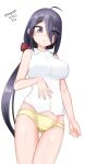  1girl absurdres ariake_(kancolle) bangs black_hair cowboy_shot dress_shirt hair_over_one_eye highres kantai_collection long_hair looking_down low_ponytail maru_(marg0613) one-hour_drawing_challenge panties purple_eyes shirt simple_background sleeveless sleeveless_shirt solo standing underwear white_background white_shirt yellow_panties 