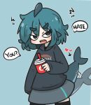  1girl afterimage arrow_(symbol) black_hoodie black_thighhighs blue_background blue_eyes blue_hair blush commentary_request cup disposable_cup drinking_straw fish_tail fuka-chan grey_skirt heart highres holding holding_cup hood hood_down hoodie looking_at_viewer master_sgt_mine open_mouth original shark_tail sharp_teeth short_eyebrows simple_background skirt solo tail tail_wagging teeth thick_eyebrows thighhighs upper_teeth v-shaped_eyebrows 