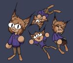  2022 anthro barefoot blueberry_(fruit) bottomwear brown_body brown_fur clothing feet felid feline food fruit fur head_tuft hoodie lynx mammal marc_(theblueberrycarrots) multiple_poses open_mouth open_smile pants plant pose simple_background smile solo theblueberrycarrots topwear tuft 