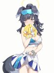  1girl animal_ears bangs bare_shoulders black_hair blue_archive blue_eyes blush breasts cheerleader clothes_lift covered_mouth covering_mouth cowboy_shot crop_top dog_ears dog_girl dog_tail eyewear_on_head gloves goggles goggles_on_head halo hibiki_(blue_archive) hibiki_(cheerleader)_(blue_archive) highres holding holding_pom_poms lifted_by_self long_hair looking_at_viewer looking_away midriff miniskirt navel panties partially_fingerless_gloves pleated_skirt pom_pom_(cheerleading) revision skirt skirt_lift sleeveless solo tail takayaki thigh_gap thighs underwear white_background white_panties 