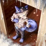  1:1 2022 absurd_res anthro biped blue_eyes bottomwear canid canine clothed clothing furry_sb genitals hi_res icicle kemono living_tail male mammal pants penis shirt solo tail_mouth tongue tongue_out topwear unusual_anatomy unusual_tail 