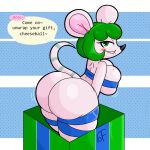  animal_crossing anthro big_breasts big_butt bite biting_lip bomba_world12 breast_squish breasts bree_(animal_crossing) bubble_butt butt dialogue female from_side green_hair hair hi_res looking_at_viewer mammal mouse murid murine nintendo rodent solo squish talking_to_viewer video_games wrapped_up 