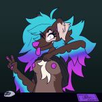  analogmart anthro blue_hair breasts brown_body brown_fur canid canine clothed clothing clothing_lift female fur gesture hair mammal shirt shirt_lift solo tongue tongue_out topwear v_sign zwie_the_sheepdog 
