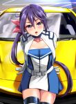  1girl absurdres akebono_(kancolle) bell black_thighhighs car cowboy_shot dress flower gloves ground_vehicle hair_bell hair_flower hair_ornament highres jacket jingle_bell kantai_collection long_hair looking_at_viewer motor_vehicle on_vehicle purple_eyes purple_hair race_queen short_dress side_ponytail solo strapless strapless_dress thighhighs vehicle_request very_long_hair white_gloves white_jacket yellow_quokka 