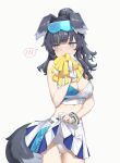  1girl animal_ears bare_shoulders black_hair blue_archive blue_eyes blush breasts cheerleader clothes_lift cowboy_shot crop_top dog_ears dog_girl dog_tail eyewear_on_head gloves goggles goggles_on_head hibiki_(blue_archive) hibiki_(cheerleader)_(blue_archive) highres lifted_by_self long_hair looking_away midriff navel panties partially_fingerless_gloves pom_pom_(cheerleading) skirt skirt_lift solo tail takayaki thigh_gap thighs underwear white_panties 