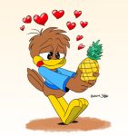  &lt;3 2017 anthro avian billy_&amp;_friends bird blue_clothing blue_shirt blue_topwear bottomless brown_body brown_feathers child clothed clothing cuculiform digital_media_(artwork) feathers food fruit holding_object joaoppereiraus joe_(joaoppereiraus love male pineapple plant shirt signature solo tongue tongue_out topwear what young 