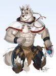  abs absurd_res anthro bandage big_pecs bottomwear braided_hair braided_ponytail canid canine canis clothed clothing coat dagger fur fur_markings grey_body grey_fur hair hi_res klaus_(world_flipper) male mammal markings melee_weapon muscular muscular_anthro muscular_male navel nipple_slip nipples open_clothing open_coat open_topwear pants pecs raytig12 red_eyes solo topwear weapon white_body white_fur white_hair wolf world_flipper wristband 