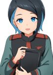  1girl :d bangs blue_eyes blue_hair commentary_request dark_blue_hair gundam gundam_suisei_no_majo highres holding holding_tablet_pc kamelie looking_at_viewer multicolored_hair nika_nanaura short_hair simple_background smile solo swept_bangs tablet_pc two-tone_hair upper_body white_background 