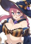  1girl :d absurdres artist_name blue_eyes breasts cleavage eiyuu_densetsu emma_millstein glasses hair_between_eyes hat highres kaos_art large_breasts midriff patreon_username purple_hair sen_no_kiseki smile solo stomach upper_body witch_hat 