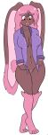  2016 4_toes 5_fingers amber_eyes anthro arm_tuft big_breasts blush bottomless bottomless_anthro bottomless_female breasts brown_body brown_fur clothed clothing embarrassed feet female fingers fur generation_4_pokemon genitals hair hindpaw humanoid_hands long_ears looking_down lopunny navel nintendo open_clothing open_shirt open_topwear paws pink_hair pink_nose pokemon pokemon_(species) pokemorph pussy shiny_pokemon shirt skidd sleepwear solo standing survival_of_the_fittest tiffany_harkick toes topwear tuft video_games wrist_tuft 