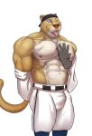  2022 abs anthro backwards_baseball_cap backwards_hat barazoku baseball_cap baseball_uniform belt biceps big_muscles big_pecs bottomwear bulge clothed clothing cougar disembodied_hand eyebrows felid feline hand_on_chest hand_on_pecs hat headgear headwear hi_res huge_muscles male mammal mascot mexican_pacific_league muscular muscular_anthro muscular_male navel nipples obliques pants pecs seyrmo smile solo sportswear standing teeth tongue tongue_out topless topless_anthro topless_male uniform whiskers yaco_puma yaquis_de_obregon 