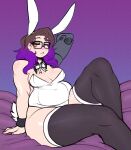  1girl animal_ears glasses gradient gradient_background highres inatv indie_virtual_youtuber mechanical_arms playboy_bunny plump rabbit_ears single_mechanical_arm skirt solo thick_thighs thighhighs thighs toxicsoul77 yellow_eyes 