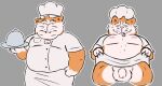  age_difference anthro balls belly big_belly biped chef chef_hat chef_uniform clothing domestic_cat felid feline felis foreskin from_front_position genitals hat headgear headwear hi_res humanoid_genitalia humanoid_penis male male/male mammal mature_anthro mature_male moobs nipples older_male overweight penis smut_leo solo 