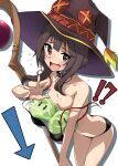  !? 1girl absurdres arrow_(symbol) bangs bare_shoulders belt belt_buckle bent_over bikini black_belt black_bikini black_choker black_outline blunt_ends blush breasts bright_pupils brown_hair brown_headwear buckle cabbage choker collarbone cowboy_shot flying_sweatdrops hand_up hat hat_ribbon highres kono_subarashii_sekai_ni_shukufuku_wo! looking_at_viewer megumin open_mouth outline red_eyes red_ribbon ribbon short_hair_with_long_locks sidelocks simple_background small_breasts smile solo staff straight_hair swimsuit tokiani tsurime wardrobe_malfunction wavy_mouth white_background witch_hat 
