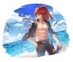  1boy abs absurdres alvarichie beach black_jacket closed_mouth diluc_(genshin_impact) genshin_impact highres holding jacket long_hair male_focus muscular muscular_male ocean open_clothes open_jacket ponytail red_eyes red_hair smile vision_(genshin_impact) 