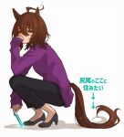  1girl agnes_tachyon_(umamusume) ahoge black_footwear black_pants brown_eyes brown_hair earrings from_side full_body high_heels holding holding_test_tube horse_girl jewelry kaho_(ramb) looking_at_viewer looking_to_the_side messy_hair pants purple_sweater short_hair simple_background single_earring solo squatting sweater test_tube translated umamusume white_background 
