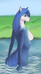  anthro bianca_(sheep_and_wolves) blue_body blue_eyes blue_fur blue_hair breasts butt canid canine canis coldsaw day female fur grass hair hi_res lake mammal multicolored_body multicolored_fur nipples nude outside plant russian sheep_and_wolves side_boob skinny_dipping sky solo standing standing_in_water tuft water white_body white_fur wizart_animation wolf 