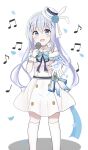  1girl :d absurdres bangs beamed_eighth_notes blue_eyes blue_hair blue_ribbon blush commentary_request dress eighth_note feet_out_of_frame frilled_dress frills gloves gochuumon_wa_usagi_desu_ka? hair_between_eyes hair_ornament hairband highres holding holding_microphone k12040707 kafuu_chino kneehighs long_hair microphone musical_note neck_ribbon off-shoulder_dress off_shoulder ribbon shadow simple_background smile socks solo tilted_headwear very_long_hair white_background white_dress white_gloves white_hairband white_headwear white_socks x_hair_ornament 