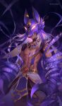  1boy abs absurdres animal_hat bandages bangs claws closed_mouth commentary cyno_(genshin_impact) dark-skinned_male dark_skin egyptian_clothes genshin_impact glowing hair_between_eyes hat highres long_hair looking_at_viewer male_focus miji_black purple_headwear red_eyes short_sleeves simple_background solo symbol-only_commentary toned toned_male twitter_username white_hair 