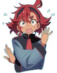  1girl ahoge aqua_eyes black_hairband commentary_request gundam gundam_suisei_no_majo hair_between_eyes hairband ixy long_sleeves looking_at_viewer open_mouth red_hair simple_background solo suletta_mercury sweatdrop upper_body white_background 