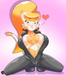  absurd_res big_breasts bodily_fluids breasts clothing cranebear domestic_cat felid feline felis female hi_res jessica_young_melis mammal nipples pinup pose rubber rubber_clothing rubber_suit solo sweat 