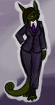  2014 aiden_(gekko) anthro barefoot breasts business_suit clothed_female clothing digital_media_(artwork) feet female gekk0 hand_on_hip hi_res lizard necktie non-mammal_breasts purple_necktie reptile scalie simple_background solo suit 