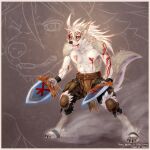  abs ada_oz anthro bandage blood bodily_fluids bottomwear canid canine canis clothed clothing dagger fur fur_markings grey_body grey_fur hair klaus_(world_flipper) long_hair male mammal markings melee_weapon muscular muscular_anthro muscular_male navel pants pecs red_eyes solo topless topless_male weapon white_body white_fur white_hair wolf world_flipper wounded wristband 