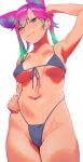  1girl animal_ears aqua_eyes bikini black_bikini breasts breasts_apart cowboy_shot earrings front-tie_bikini_top front-tie_top gradient_hair green_hair hand_on_own_head highleg highleg_bikini highres jewelry medium_breasts multicolored_hair navel original pokoporoko purple_hair shadow simple_background smile solo swimsuit white_background 