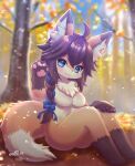  2022 4_fingers 4_toes accessory anthro artist_name blue_eyes blurred_background blush bow_ribbon braided_hair braided_ponytail breasts brown_body brown_fur brown_hair canid canine chest_tuft claws digital_media_(artwork) dipstick_ears dipstick_tail featureless_breasts feet female female_anthro finger_claws fingers fluffy fox fur gesture gloves_(marking) hair hair_accessory hair_bow hair_ribbon happy hi_res inner_ear_fluff kemono leaf leg_markings long_hair looking_at_viewer mammal markings multicolored_body multicolored_ears multicolored_fur multicolored_tail nude on_ground orange_body orange_fur outside pawpads paws plant ponytail racal_ra ribbons side_ponytail signature sitting smile smiling_at_viewer socks_(marking) solo tail_markings toes tree tuft waving waving_at_viewer white_body white_fur yoterisa 
