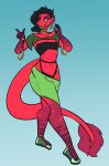  ambiguous_gender anthro bottomwear clothed clothing digital_media_(artwork) ear_piercing ear_ring fish flat_chested footwear gesture hi_res humanoid jewelry marine marshbreeze midriff necklace piercing pointing ren_(remanedur) ring_piercing sandals skirt solo tail_motion topwear 