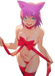  1girl animal_ears aqua_eyes bare_shoulders blush breasts cat_ears choker cleavage cowboy_shot highres looking_at_viewer medium_breasts navel nearly_naked_ribbon open_mouth original pink_hair pokoporoko red_choker red_thighhighs short_hair simple_background smile solo thighhighs white_background 