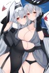  2girls absurdres arknights arm_up bangs black_gloves black_headwear blush breasts chunta cleavage closed_mouth collarbone commission covered_navel feet_out_of_frame gloves grey_hair highres large_breasts long_hair long_sleeves looking_at_viewer multiple_girls navel nun red_eyes skadi_(arknights) skeb_commission specter_(arknights) standing white_background 