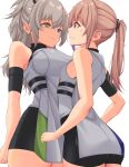  2girls act_(xadachit) arm_behind_back back bangs blue_eyes breasts closed_mouth commission dated_commentary dress english_commentary feet_out_of_frame girls&#039;_frontline girls&#039;_frontline_2:_exilium grey_dress grey_hair grin heterochromia highres large_breasts long_hair looking_at_another multiple_girls open_mouth peritya_(girls&#039;_frontline_2) pink_hair ponytail small_breasts smile st_ar-15_(girls&#039;_frontline) standing tactical_clothes teeth uniform white_background yellow_eyes 