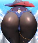 1girl ass ass_focus black_pantyhose blue_headwear blue_leotard blue_sky blurry blurry_background from_below genshin_impact hat highres large_hat leotard long_sleeves mona_(genshin_impact) outdoors pantyhose sana!rpg sky thighs vision_(genshin_impact) witch_hat 