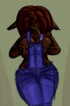  2014 anthro big_breasts breasts brown_body eyes_obscured female front_view gekk0 holding_breast huge_breasts lizard myra_(gekko) nipples purple_overalls reptile scalie simple_background straw_in_mouth 