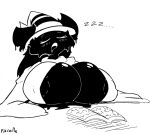  anthro areola areola_slip big_breasts black_body black_fur book breast_rest breasts canid canine clothing daww female fox fur hat headgear headwear huge_breasts mammal pixcella_(pixcello) pixcello sleeping solo white_clothing witch_hat 