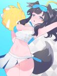  1girl :o absurdres animal_ears arm_up bangs black_hair blue_archive blue_eyes blush breasts cheerleader cleavage clothes_writing crop_top dog_ears dog_girl dog_tail goggles goggles_on_head halo hibiki_(blue_archive) hibiki_(cheerleader)_(blue_archive) highres long_hair midriff miniskirt no_panties parted_lips pleated_skirt pom_pom_(cheerleading) ponytail sab010 sidelocks simple_background skirt solo star_(symbol) sticker sticker_on_face sweat tail 