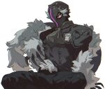  1boy alternate_form ascot black_ascot black_pants black_suit black_tail body_fur bondrewd claws extra_eyes feet_out_of_frame formal grey_fur grey_tail helm helmet highres looking_at_viewer made_in_abyss male_focus mgong520 pants pink_eyes simple_background sitting solo suit tail whistle white_background 