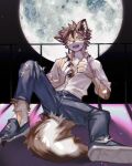  absurd_res anthro bottomwear canid canine clothed clothing countershade_fur countershading footwear full_moon fur furry_sb hi_res human_to_anthro kemono male mammal mid_transformation moon open_mouth pants shirt shoes solo species_transformation topwear transformation were werecanid werecanine werewolf 