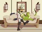  5_toes anthro avian bird crane_(bird) cuddling dentist_(artist) dreamworks duo feet female furniture gruiform happy hi_res humanoid_feet kung_fu_panda male male/female master_crane master_viper nude reptile romantic romantic_couple scalie snake sofa toes 