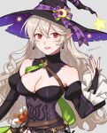  1girl bangs bare_shoulders belt black_dress black_headwear bodice breasts bridal_gauntlets cleavage commentary_request corrin_(fire_emblem) corrin_(fire_emblem)_(female) crossed_belts detached_collar dress earrings fingernails fire_emblem fire_emblem_fates fire_emblem_heroes grey_hair hair_between_eyes halloween halloween_costume hat highres jewelry large_breasts looking_at_viewer off_shoulder official_alternate_costume open_mouth peach11_01 pointy_ears purple_nails red_eyes smile solo twitter_username wavy_hair witch_hat 