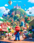  3d 6+boys backpack bag barrel biddybud brown_hair castle cheep_cheep clenched_hands cloud copyright_name english_commentary floating_island from_behind gloves highres key_visual logo mario mario_(series) mountain multiple_boys mushroom official_art open_mouth overalls promotional_art red_headwear sky smile spiny_cheep_cheep super_mario_bros._(2023_film) toad_(mario) walking water waterfall white_gloves 