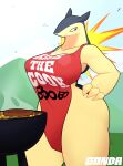  absurd_res anthro big_breasts blush breasts clothed clothing cooking_tongs female fire food fur generation_2_pokemon gonda grill grilling hi_res kitchen_utensils mature_female meat nintendo pokemon pokemon_(species) pose simple_background solo thick_thighs tongs tools typhlosion video_games yellow_body yellow_fur 