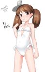  1girl absurdres brown_eyes brown_hair casual_one-piece_swimsuit commentary_request cosplay criss-cross_halter dated flat_chest flower frilled_swimsuit frills hair_flower hair_ornament hairband halterneck highres kantai_collection long_hair looking_at_viewer maru_(marg0613) one-hour_drawing_challenge one-piece_swimsuit ryuujou_(kancolle) sagiri_(kancolle) sagiri_(kancolle)_(cosplay) side-tie_swimsuit solo standing swimsuit tongue tongue_out twintails twitter_username visor_cap white_one-piece_swimsuit 