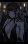  armlet backless_dress backless_outfit bangs bare_shoulders black_choker black_dress blunt_bangs blurry blurry_background blush breasts brown_hair choker cleavage dress dsr-50_(girls&#039;_frontline) dsr-50_(highest_bid)_(girls&#039;_frontline) earrings evening_gown girls&#039;_frontline highres jewelry large_breasts long_hair looking_at_viewer multiple_boys multiple_girls official_alternate_costume parted_lips party red_eyes selcky sideboob sidelocks sleeveless sleeveless_dress smile solo_focus upper_body 