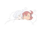  2girls ? ?? ahoge bed blade_(galaxist) blank_stare blanket blush closed_eyes gundam gundam_suisei_no_majo hairband miorine_rembran multiple_girls open_mouth pillow red_hair sleeping suletta_mercury white_hair wide-eyed yuri 