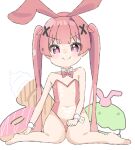  &gt;:) 1girl animal_ears bangs bare_arms bare_shoulders barefoot bow bowtie closed_mouth collar commentary_request covered_navel detached_collar doughnut fake_animal_ears food hair_ornament highres ice_cream ice_cream_cone kapuru_0410 looking_at_viewer macaron playboy_bunny purple_eyes rabbit_ears red_bow red_bowtie red_hair sitting smile soft_serve solo tanemura_koyori twintails v-shaped_eyebrows wariza watashi_ni_tenshi_ga_maiorita! white_background white_collar wing_collar wrist_cuffs x_hair_ornament 