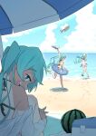  &gt;_&lt; 3girls aqua_eyes aqua_hair aqua_nails arm_up ball beach beachball bikini blanket clone cloud commentary cooler day food footprints fruit half-closed_eyes hat hatsune_miku highres holding holding_ball holding_beachball holding_water_gun hugging_own_legs innertube kinosuke_(pattaba) looking_at_viewer looking_back multiple_girls ocean open_mouth outdoors outstretched_arm parasol pink_bikini running sand sandals sitting smile straw_hat swimsuit tan tanlines twintails umbrella vocaloid water_gun watermelon yellow_bikini 