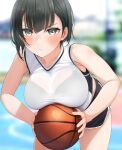  1girl ball bare_arms basketball basketball_uniform black_hair black_shorts blurry blurry_background blush bra_visible_through_clothes breast_rest breasts closed_mouth fed_(giba) grey_eyes holding holding_ball large_breasts leaning_forward original shirt short_hair short_shorts shorts sleeveless sleeveless_shirt solo sportswear v-shaped_eyebrows white_shirt 